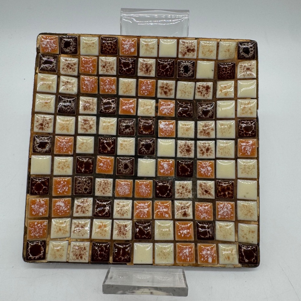 Vintage Mid Century Venetian Glass Mosaic Tile Aluminum Square Tray Trivet 5.5"